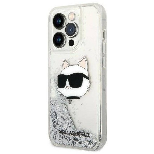 Чехол Lagerfeld для iPhone 14 Pro Max Liquid glitter NFT Choupette head Hard. Цвет: серебристый