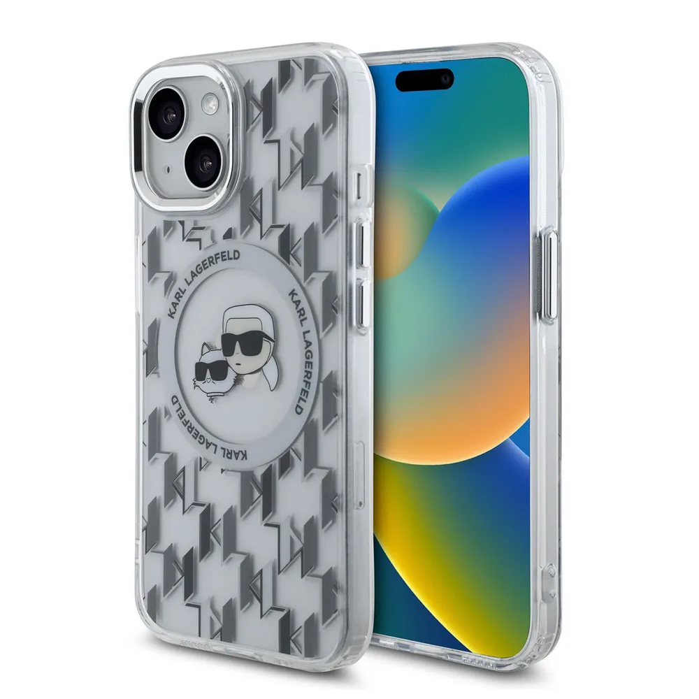 Чехол Lagerfeld для iPhone 15 PC/TPU Monogram NFT Karl & Choup Metal Camera MagSafe. Цвет:прозрачный