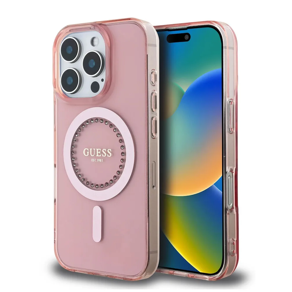 Чехол Guess PC/TPU Diamond Rhinestone Circle MagSafe для iPhone 16 Pro. Цвет: розовый