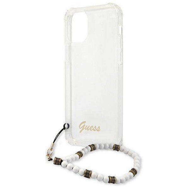 Чехол Guess для iPhone 12 Pro Max PC/TPU Script Hard Transp +Pearl strap. Цвет: белый