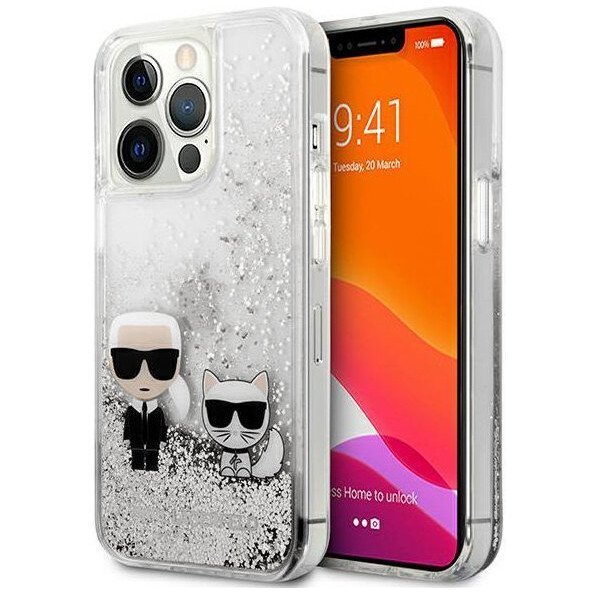 Чехол Lagerfeld для iPhone 13 Pro Max Liquid glitter Karl & Choupette Hard. Цвет: серебристый