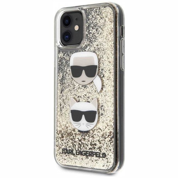 Чехол Lagerfeld для iPhone 11 Liquid Glitter Karl and Choupette heads. Цвет: золотой