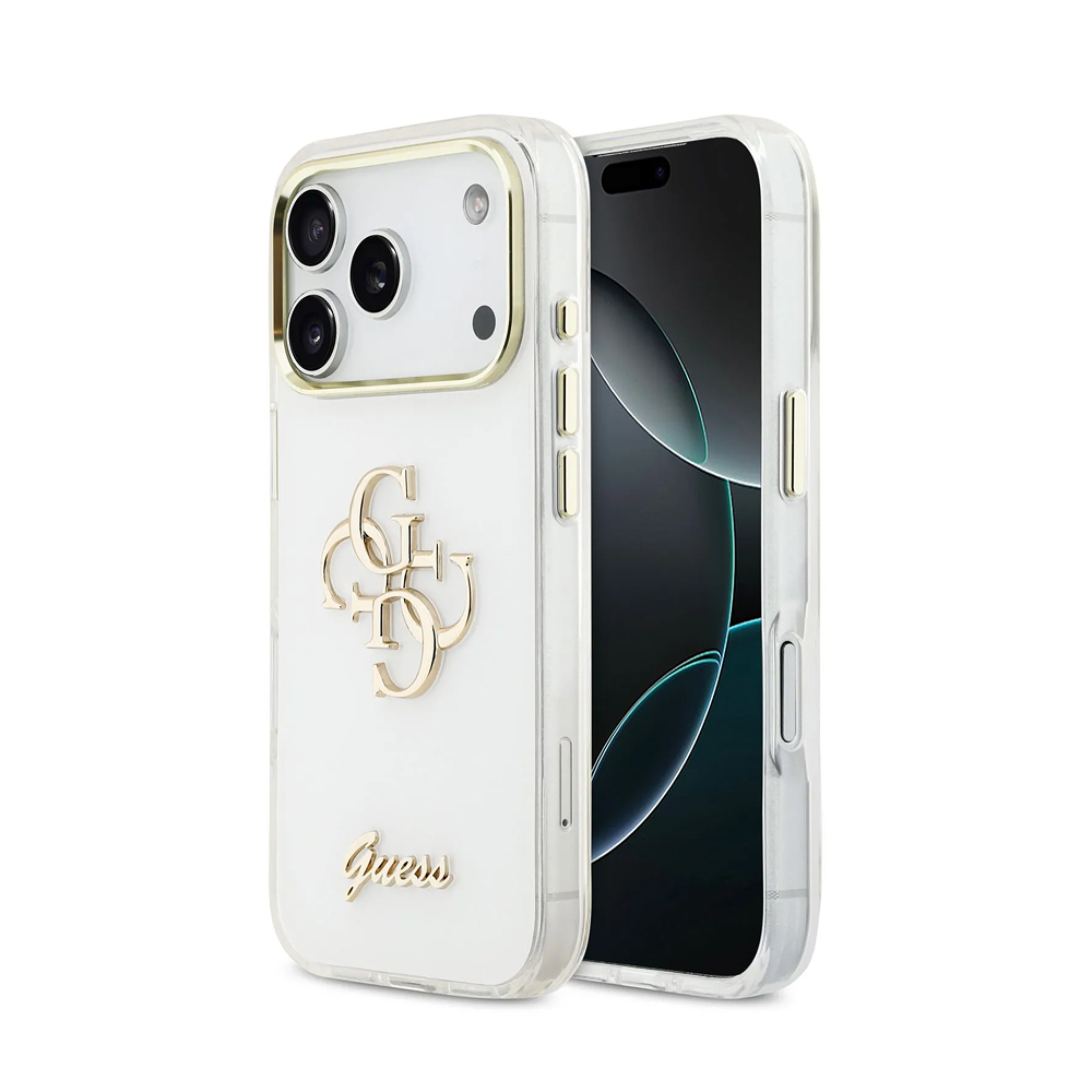Чехол Guess IML 4G Big metal and Script logo Metal cam Hard White для iPhone 17 Pro. Цвет: белый
