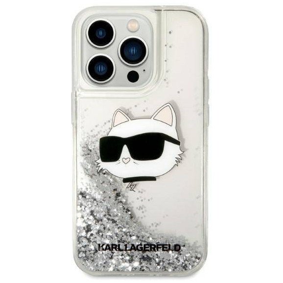 Чехол Lagerfeld для iPhone 14 Pro Max Liquid glitter NFT Choupette head Hard. Цвет: серебристый