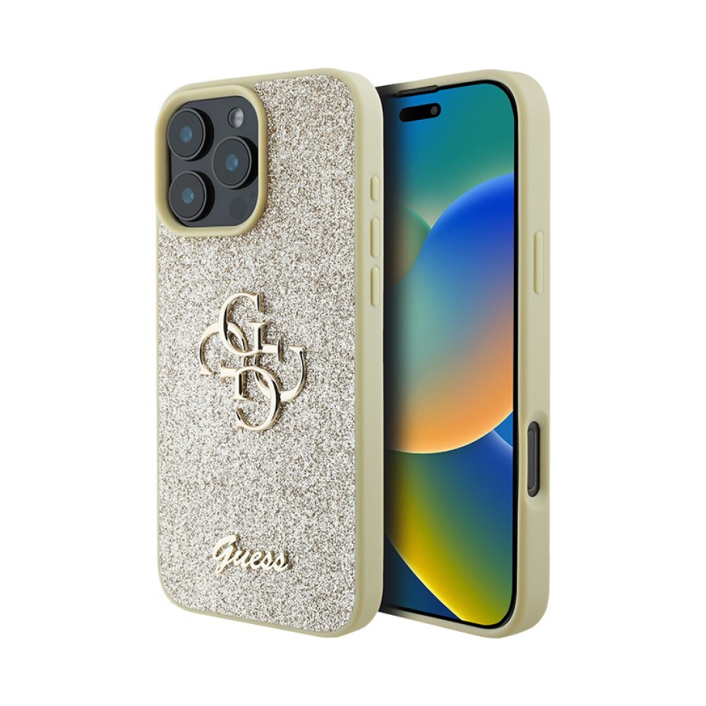 Чехол Guess Fixed Glitters 4G Big metal logo для iPhone 16 Pro Max. Цвет: золотой