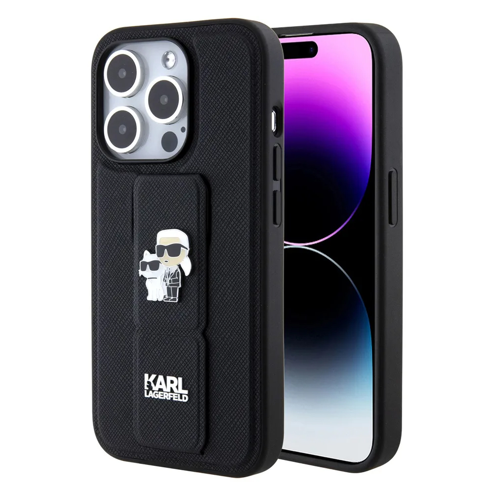 Чехол Lagerfeld GripStand PU Saffiano NFT Karl & Choupette metal для iPhone 15 Pro Max.Цвет: черный