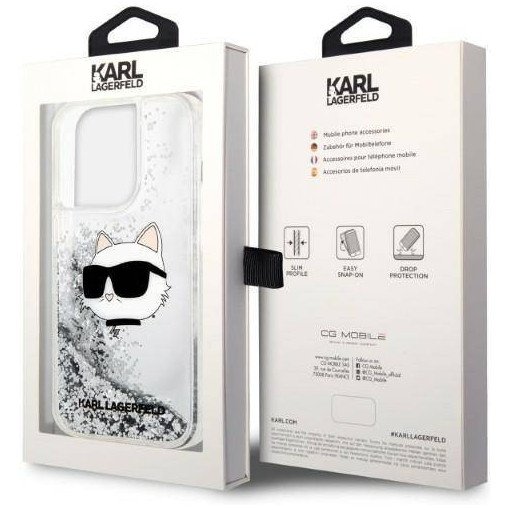 Чехол Lagerfeld для iPhone 14 Pro Max Liquid glitter NFT Choupette head Hard. Цвет: серебристый