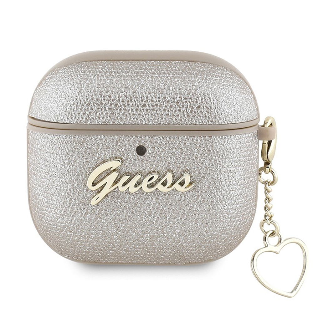 Чехол Guess PU leather with Script metal logo and Heart charm для AirPods 4. Цвет: золотой
