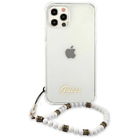 Чехол Guess для iPhone 12/12 Pro PC/TPU Script Hard Transp + Pearl strap. Цвет: чёрный