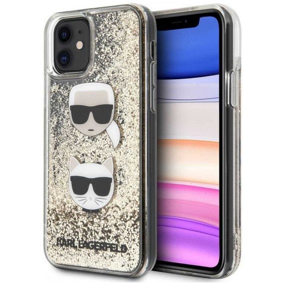 Чехол Lagerfeld для iPhone 11 Liquid Glitter Karl and Choupette heads. Цвет: золотой