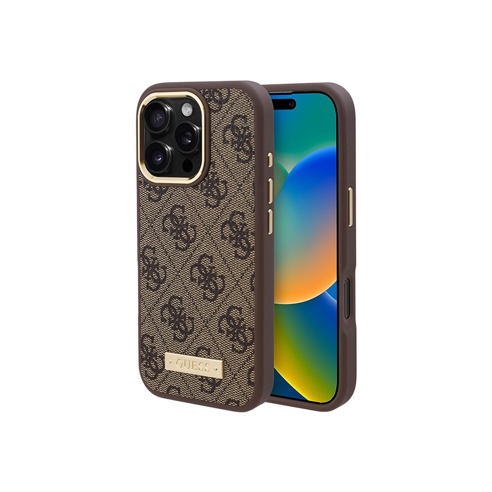 Чехол Guess PU 4G Plate metal logo Hard Brown MagSafe для iPhone 16 Pro Max. Цвет: коричневый