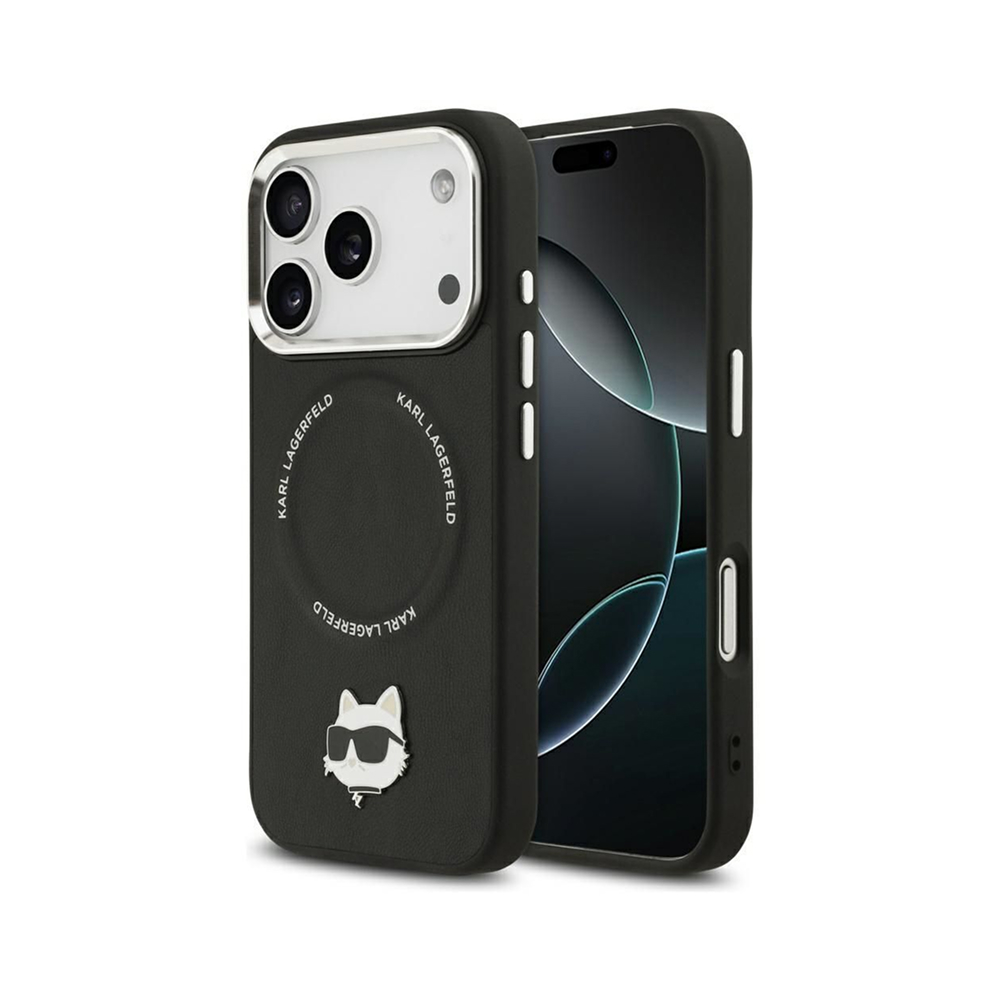 Чехол Lagerfeld PU NFT Choupette head Metal pin & Camera для iPhone 17 Pro Max. Цвет: черный