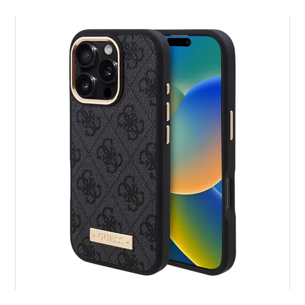 Чехол Guess PU 4G Plate metal logo Hard Black MagSafe для iPhone 16 Pro Max. Цвет: черный