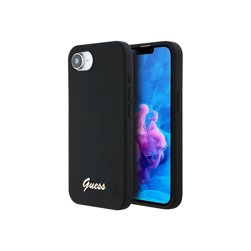 Чехол Guess Liquid silicone Gold metal logo & Camera frame для iPhone 16e. Цвет: черный
