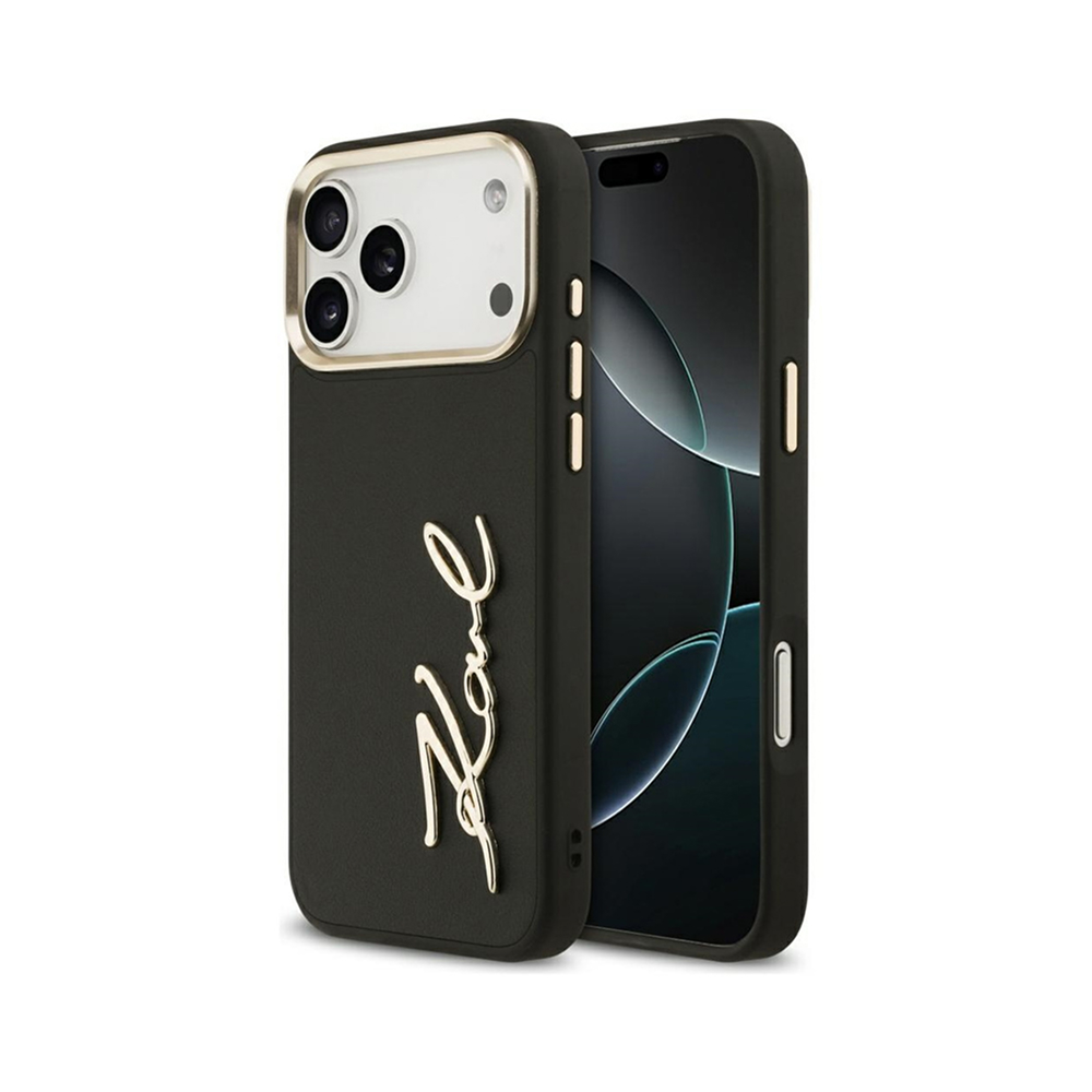 Чехол Lagerfeld PU leather Autograph Metal logo & Gold camera для iPhone 17 Pro. Цвет: черный