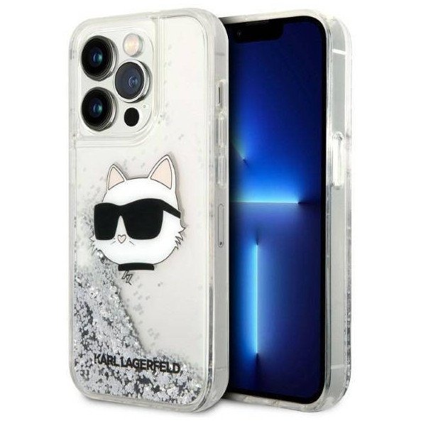 Чехол Lagerfeld для iPhone 14 Pro Max Liquid glitter NFT Choupette head Hard. Цвет: серебристый