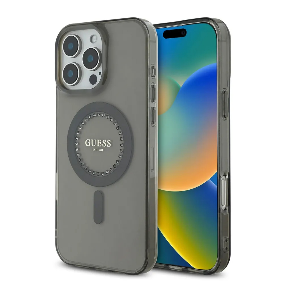 Чехол Guess PC/TPU Diamond Rhinestone Circle MagSafe для iPhone 16 Pro. Цвет: черный