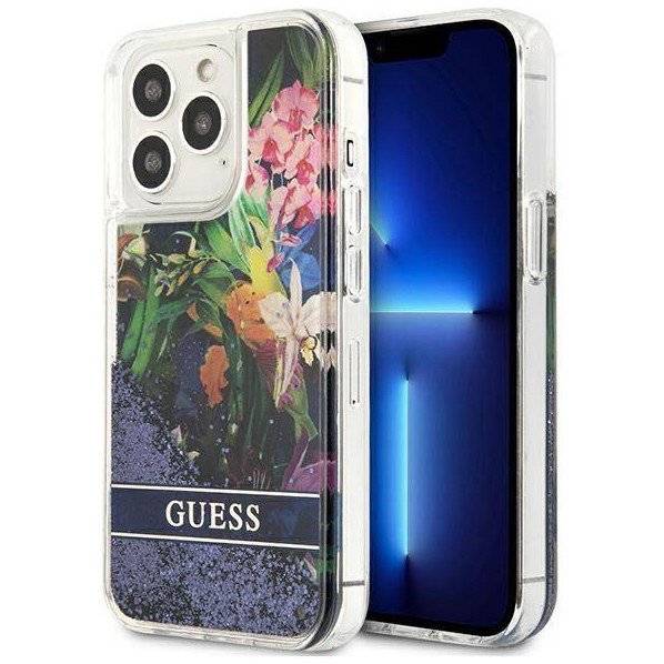 Чехол Guess для iPhone 13 Pro Liquid Glitter Flower Hard. Цвет: синий