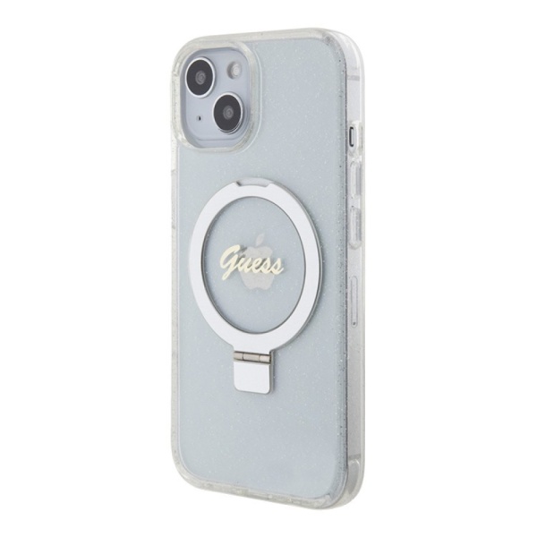 Чехол Guess PC/TPU Script logo + Ring stand Hard Glitter для iPhone 15. Цвет: прозрачный