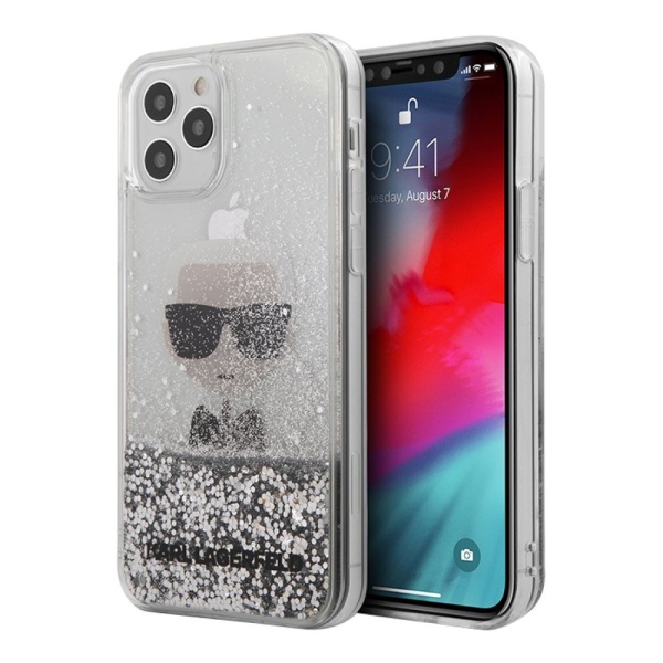 Чехол Lagerfeld для iPhone 12 Pro Max Liquid Glitter Ikonik Karl (inner) Hard. Цвет: серебристый