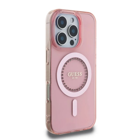 Чехол Guess PC/TPU Diamond Rhinestone Circle MagSafe для iPhone 16 Pro. Цвет: розовый