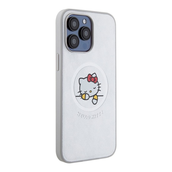 Чехол Hello Kitty PU Leather Kitty Asleep Hard MagSafe для iPhone 15 Pro Max. Цвет: серебристый