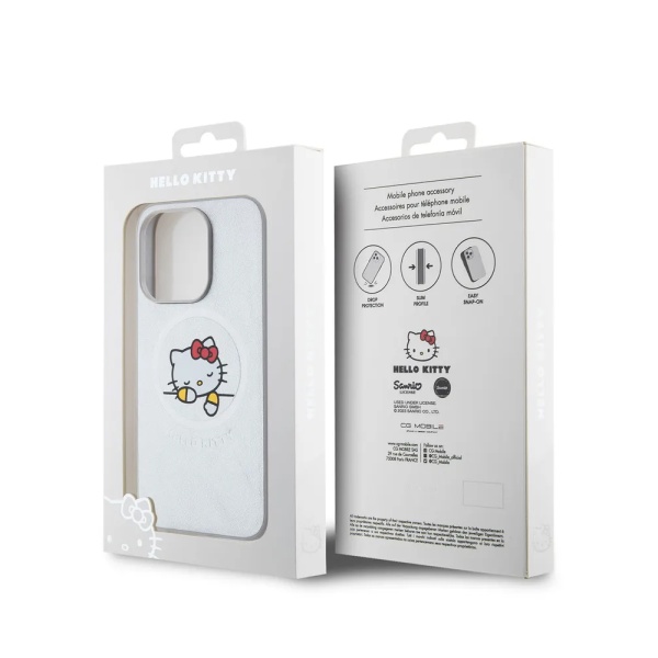 Чехол Hello Kitty PU Leather Kitty Asleep для iPhone 15 Pro. Цвет: серебристый