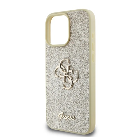 Чехол Guess Fixed Glitters 4G Big metal logo для iPhone 16 Pro. Цвет: золотой