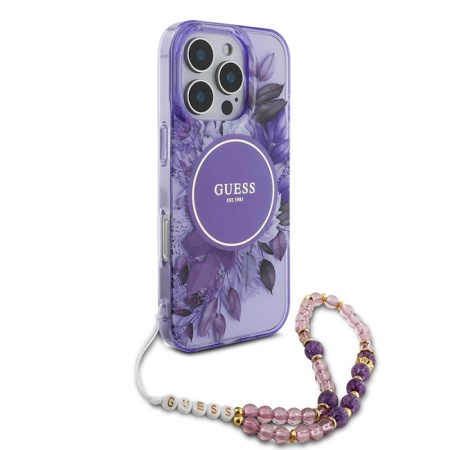 Чехол Guess PC/TPU Flowers Hard + Pearl Hand Strap MagSafe для iPhone 16 Pro. Цвет: фиолетовый