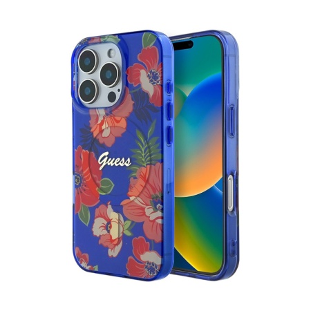 Чехол Guess PC/TPU Flowers Invisible Ring Hard MagSafe для iPhone 16 Pro. Цвет: красный
