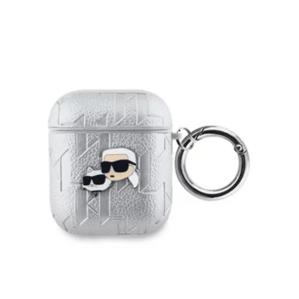 Чехол Lagerfeld PU Saffiano Monogram with ring NFT Metal Head Choupette для Airpods 1/2. Цвет: сереб