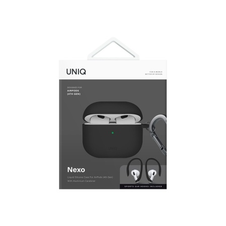 Чехол UNIQ NEXO для AirPods 4, силикон с карабином и заушинами. Цвет: черный