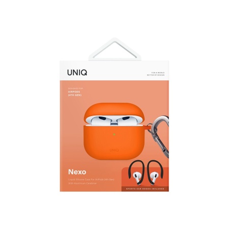 Чехол UNIQ NEXO для AirPods 4, силикон с карабином и заушинами. Цвет: оранжевый
