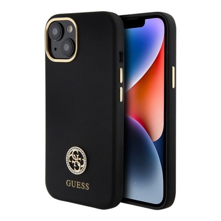 Чехол Guess Liquid silicone with 4G Diamond metal logo Hard для iPhone 15. Цвет: черный