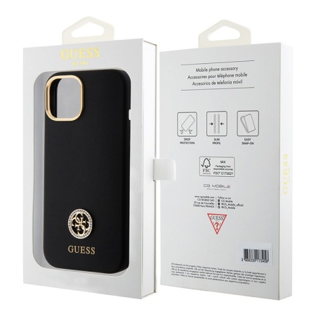 Чехол Guess Liquid silicone with 4G Diamond metal logo Hard для iPhone 15. Цвет: черный