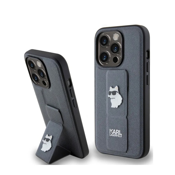 Чехол Lagerfeld GripStand PU Saffiano NFT Choupette metal для iPhone 15 Pro Max.Цвет: серебристый