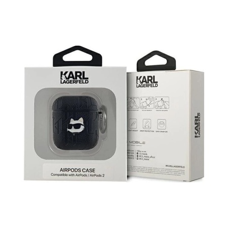 Чехол Lagerfeld PU Saffiano Monogram with ring NFT Metal Head Choupette для Airpods 1/2. Цвет:черный