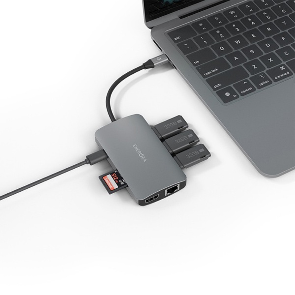 USB-хаб EnergEA AluHUB HD PRO 2 8-in-1 USB-C 3.1, USB-A, HDMI, RJ-45, SD/Micro SD. Цвет: серый