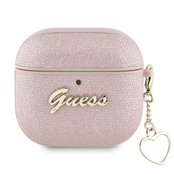 Чехол Guess PU leather with Script metal logo and Heart charm для AirPods 4. Цвет: розовый