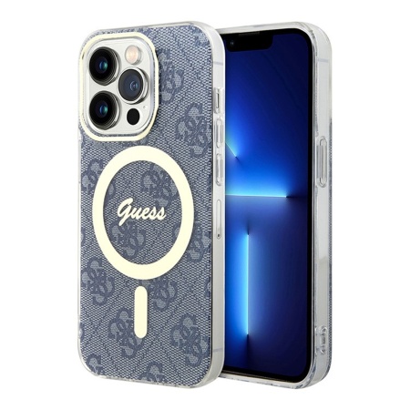 Чехол Guess PC/TPU 4G Hard MagSafe для iPhone 15 Pro Max. Цвет: синий/золотой