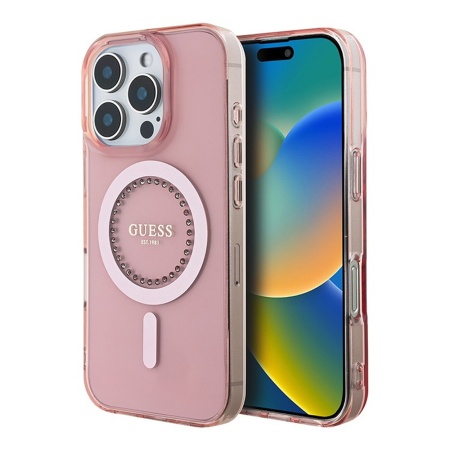 Чехол Guess PC/TPU Diamond Rhinestone Circle MagSafe для iPhone 16 Pro Max. Цвет: розовый