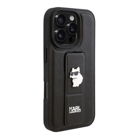 Чехол Lagerfeld GripStand PU Saffiano NFT Choupette metal для iPhone 16 Pro Max. Цвет: черный