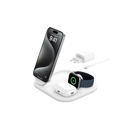 Беспроводное з/у Belkin 3 в 1 Magnetic Foldable Wireless Charger 15W MagSafe. Цвет: белый