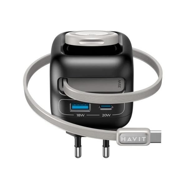 СЗУ Havit UC250 A EU, 35Вт, USB-A + USB-C + кабель USB-C + зарядка для часов. Цвет: черный