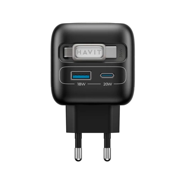 СЗУ Havit UC250 A EU, 35Вт, USB-A + USB-C + кабель USB-C + зарядка для часов. Цвет: черный