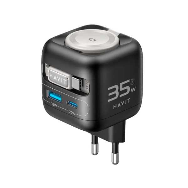 СЗУ Havit UC250 A EU, 35Вт, USB-A + USB-C + кабель USB-C + зарядка для часов. Цвет: черный