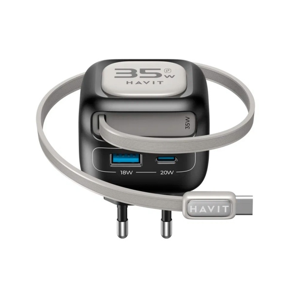 СЗУ Havit UC251 EU, 35Вт, USB-A + USB-C + кабель USB-C. Цвет: черный