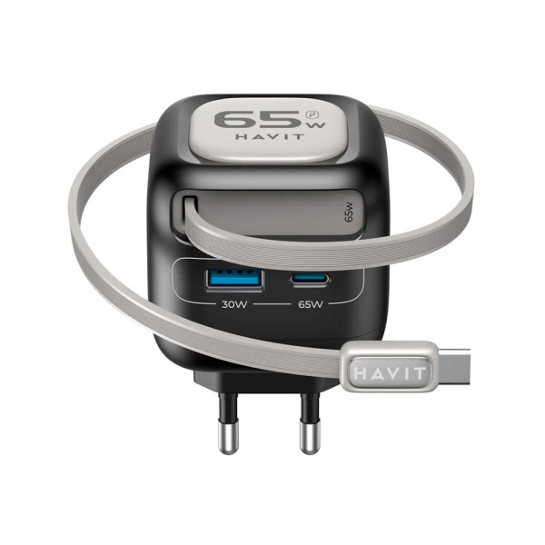 СЗУ Havit UC253 EU, 65Вт, USB-A + USB-C + кабель USB-C. Цвет: черный
