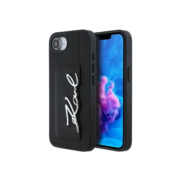 Чехол Lagerfeld Cardslot PU Grained leather Metal Signature для iPhone 16e. Цвет: черный