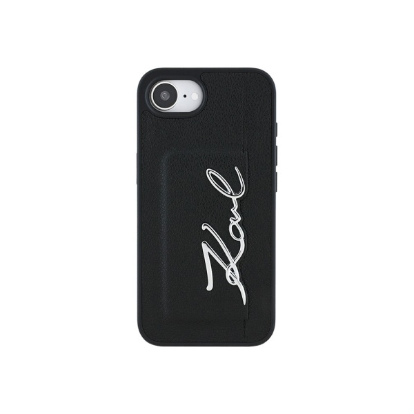 Чехол Lagerfeld Cardslot PU Grained leather Metal Signature для iPhone 16e. Цвет: черный